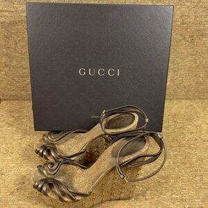 Gucci Studded Cork Platform Wedge Sandals Bronze Gold Leather EU 39.5